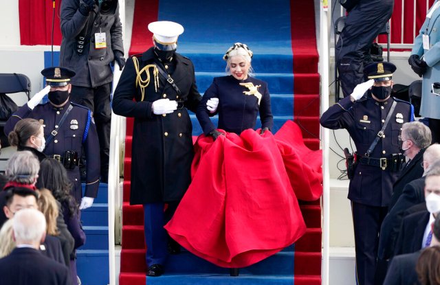 Lady Gaga arrives to sing the national anthem. (AP Photo/Patrick Semansky, Pool)