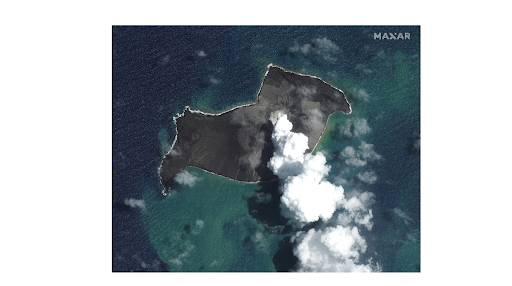 A satellite image of the eruption of Hunga Tonga-Hunga Ha’apai in January of 2022. Credit: Satellite image ©2022 Maxar Technologies