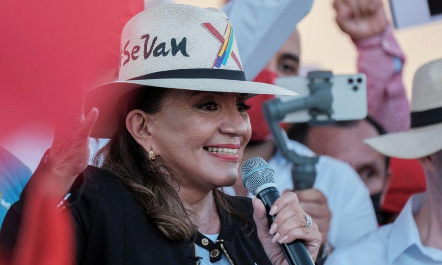 Xiomara Castro, presidential candidate for the opposition Libre party speaks during a rally in San Pedro Sula, Honduras. Photograph: Yoseph Amaya/Reuters