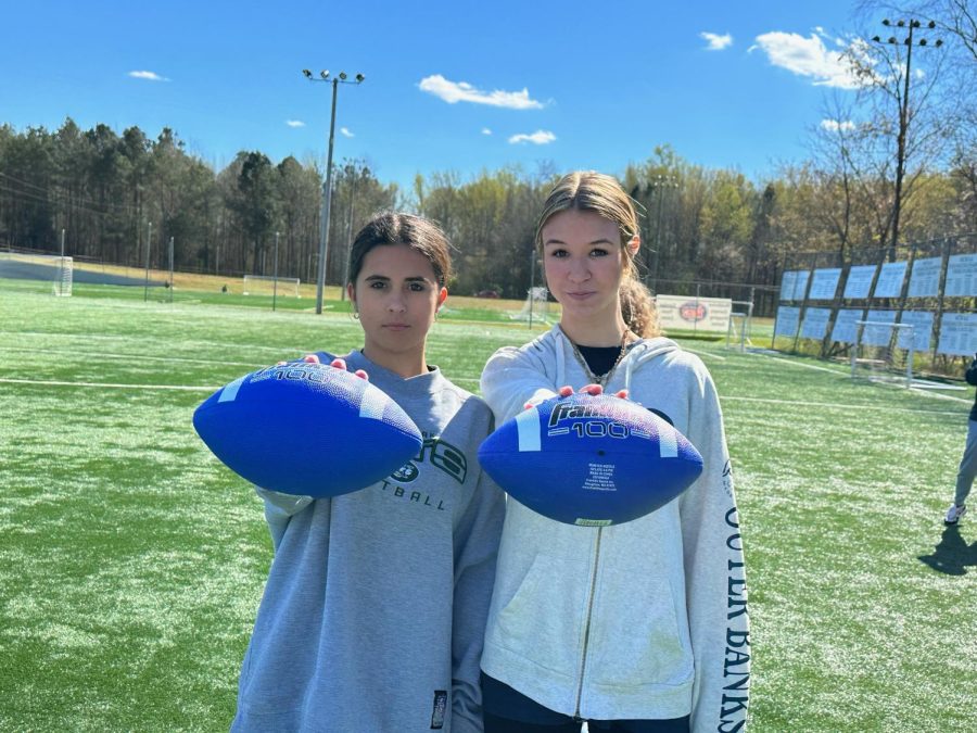 Pictured: Isabella Reis and Natalie Busch for Girls Football. Photo courtesy of Shreya Balaji and Isabella Reis. 